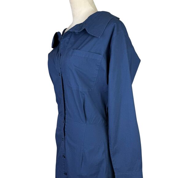 Monrow Navy Stretch Poplin Cotton Blend Button Up Long Sleeve Mini Shirt Dress - Picture 8 of 14